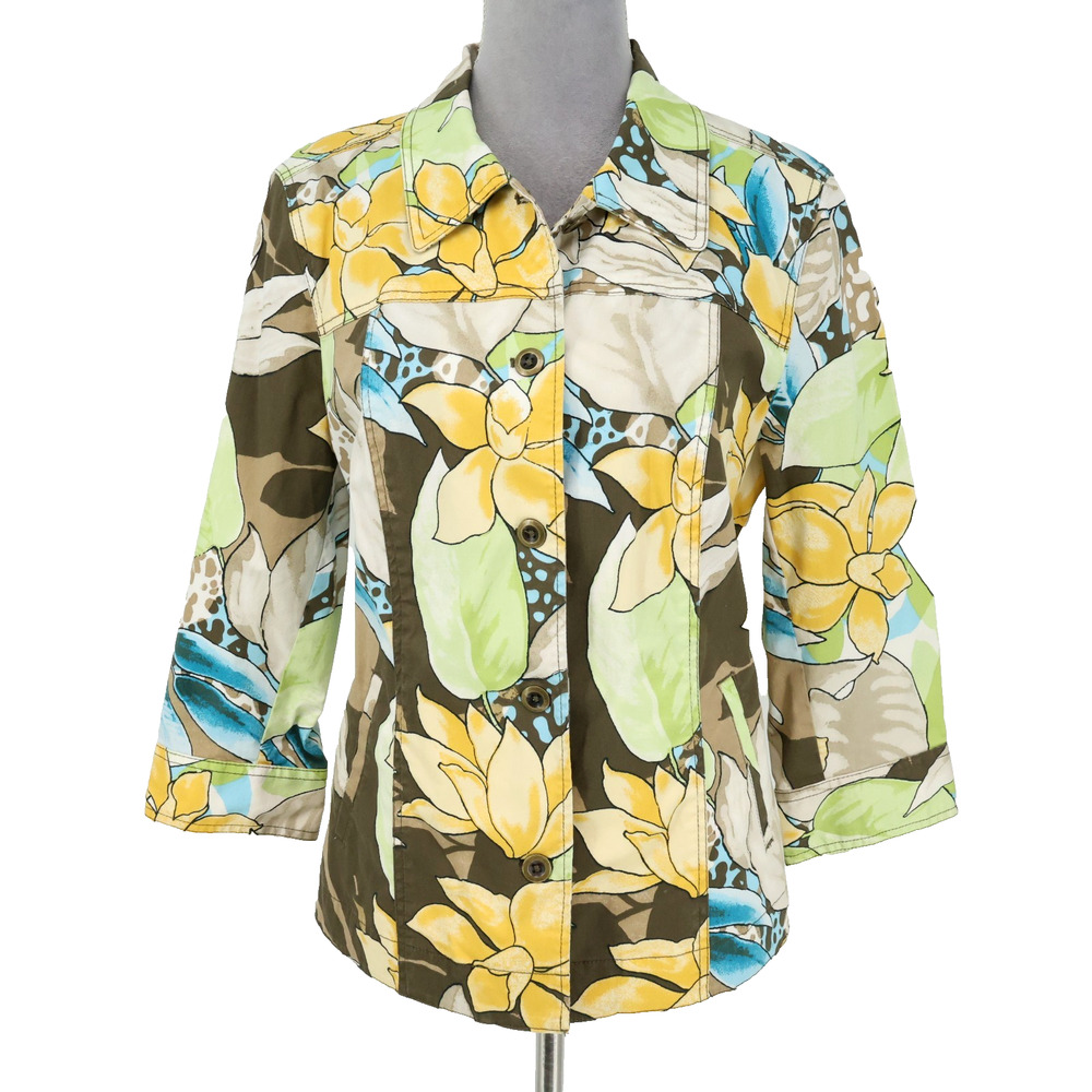 Chicos Additions Jacket 1 Womens 8 Medium Yellow Brown Floral Stretch Cotton